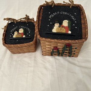 2 CMI Henton Merry Christmas Storage Baskets With Lids Snowman Santa Reindeer